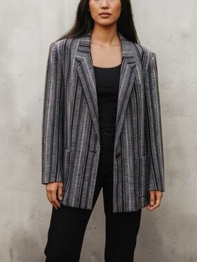 Women's Vintage Linen Blend Striped Gray and Black Oversized Blazer Jacket